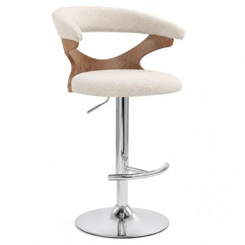 Barhocker Drehhocker höhenverstellbar 55 x 52 x 84 bis 105 cm Polyester Bouclé Eichenfurnier verchromter Stahl Rundsitz Beige Natur Silber