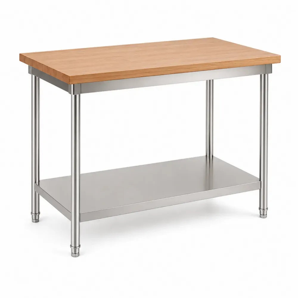 Küchenarbeitstisch Mehrzwecktisch mit Ablage 120 x 60 x 90 cm Bambus Edelstahl rechteckig naturbraun silberfarben