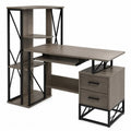 Schreibtisch mit Regal 2 Schubladen und Tastaturablage aus melaminbeschichteter Spanplatte und Stahl graubraun schwarz 140 x 120 x 152 cm