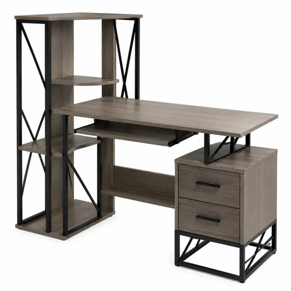 Schreibtisch mit Regal 2 Schubladen und Tastaturablage aus melaminbeschichteter Spanplatte und Stahl graubraun schwarz 140 x 120 x 152 cm