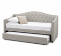 Tagesbett mit Ausziehbett 215 x 100 x 90 cm Polyester-Veloursbezug Holzrahmen Knopfheftung Graubeige