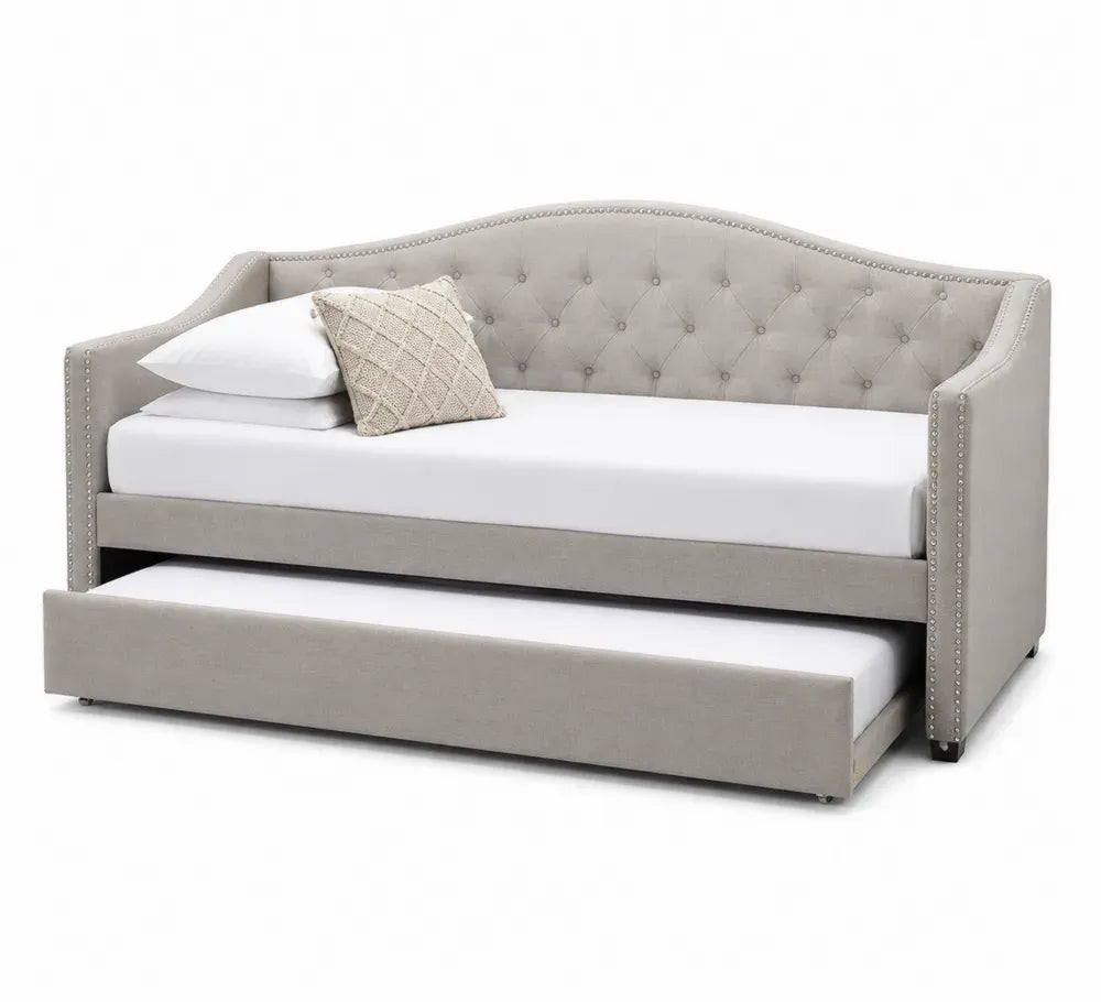 Tagesbett mit Ausziehbett 215 x 100 x 90 cm Polyester-Veloursbezug Holzrahmen Knopfheftung Graubeige
