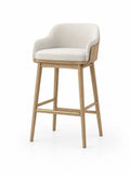 Barhocker mit Rückenlehne und Armauflagen Polyester-Bouclé Gummibaumholz Stahl abgerundete Sitzschale beige naturholzfarben goldfarben 55 x 54 x 96 cm
