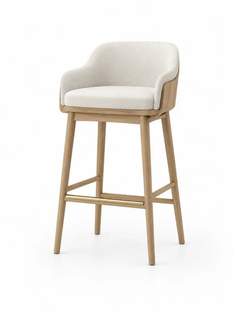 Barhocker mit Rückenlehne und Armauflagen Polyester-Bouclé Gummibaumholz Stahl abgerundete Sitzschale beige naturholzfarben goldfarben 55 x 54 x 96 cm