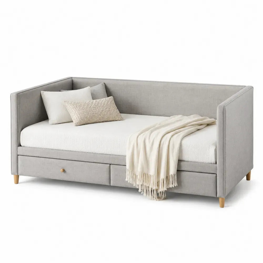 Tagesbett Bettgestell 90 x 200 cm mit Polsterrahmen Polyester MDF Sperrholz rechteckig hellgrau naturholz 212 x 102 x 86 cm