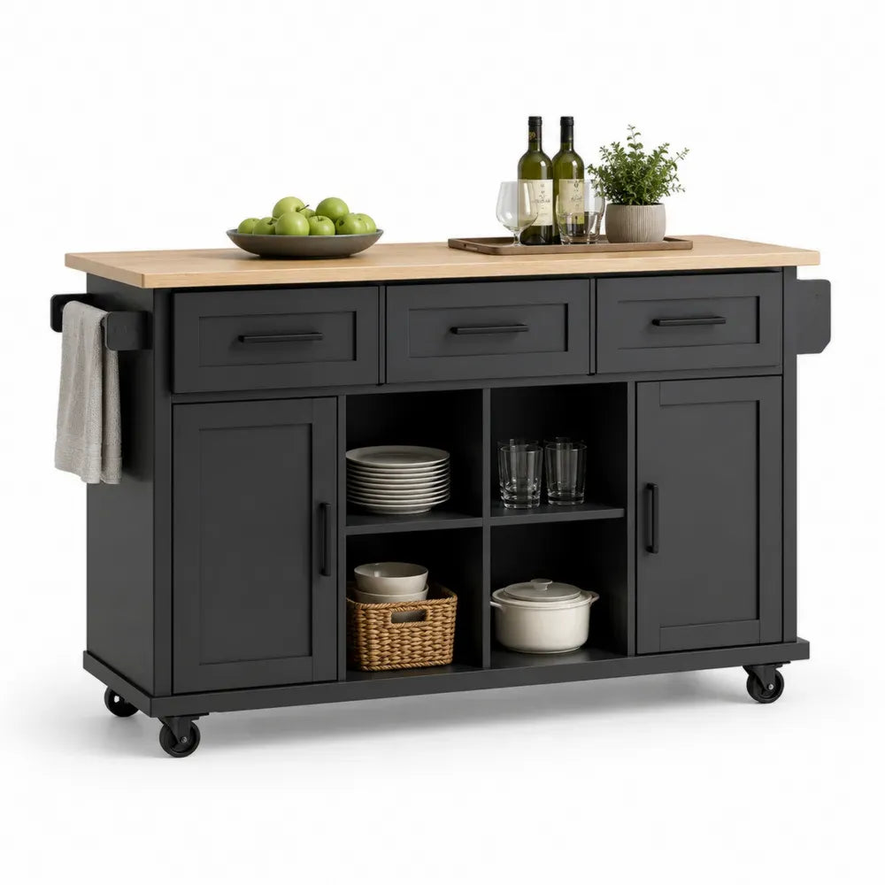 Kücheninsel Rollwagen mit Arbeitsplatte 137 x 46 x 90 cm MDF Gummibaumholz rechteckig anthrazit naturbraun schwarz