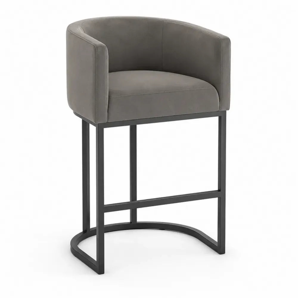 Barhocker mit Rückenlehne und Armlehnen 61 x 56 x 99 cm Polyester Velours Stahl halbrunde Sitzschale Grau Schwarz