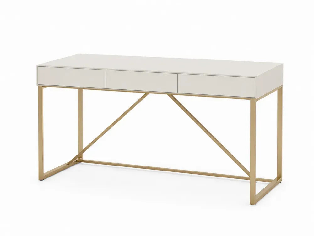 Schreibtisch mit 3 Schubladen und Metallgestell aus lackiertem MDF und pulverbeschichtetem Stahl creme goldfarben 120 x 50 x 76 cm