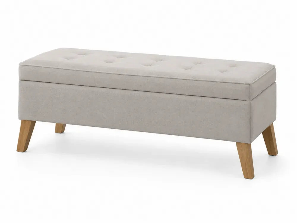 Schlafzimmerbank Sitzbank mit Stauraum gepolstert Polyester MDF Gummibaum rechteckig hellgrau natur 110 x 40 x 45 cm
