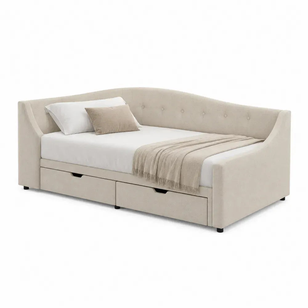 Tagesbett mit 2 Schubladen 214 x 103 x 87 cm Liegefläche 90 x 200 cm Polyesterbezug Holzrahmen Beige