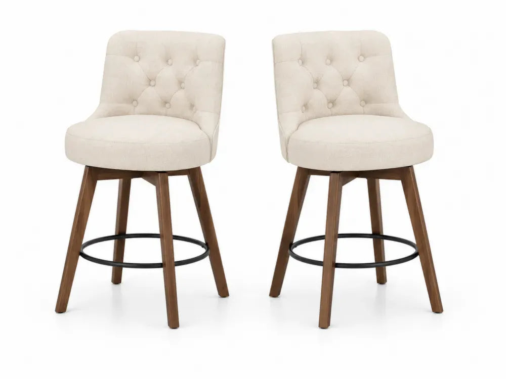 Barhocker 2er Set Drehhocker mit Knopfheftung Polyester Sperrholz Gummibaumholz beige braun schwarz 48 x 53 x 94 cm