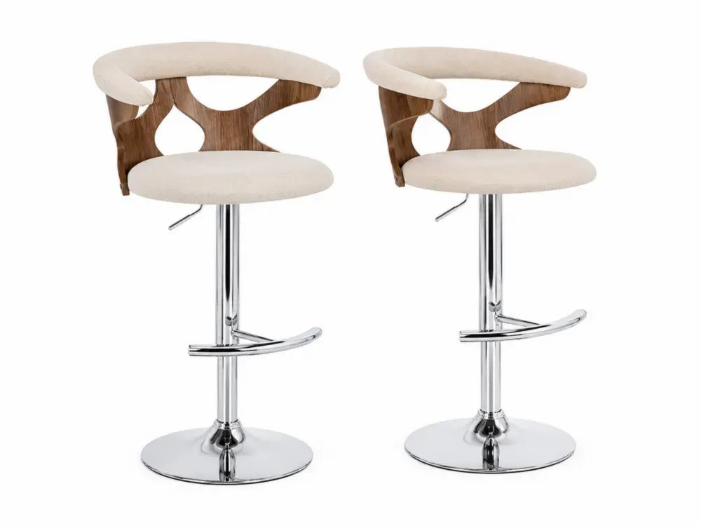 Barhocker 2er Set höhenverstellbar 52 x 51 x 87 bis 108 cm Polyestergewebe Sperrholz verchromter Stahl runde Sitzfläche Beige Walnussbraun Chromsilber