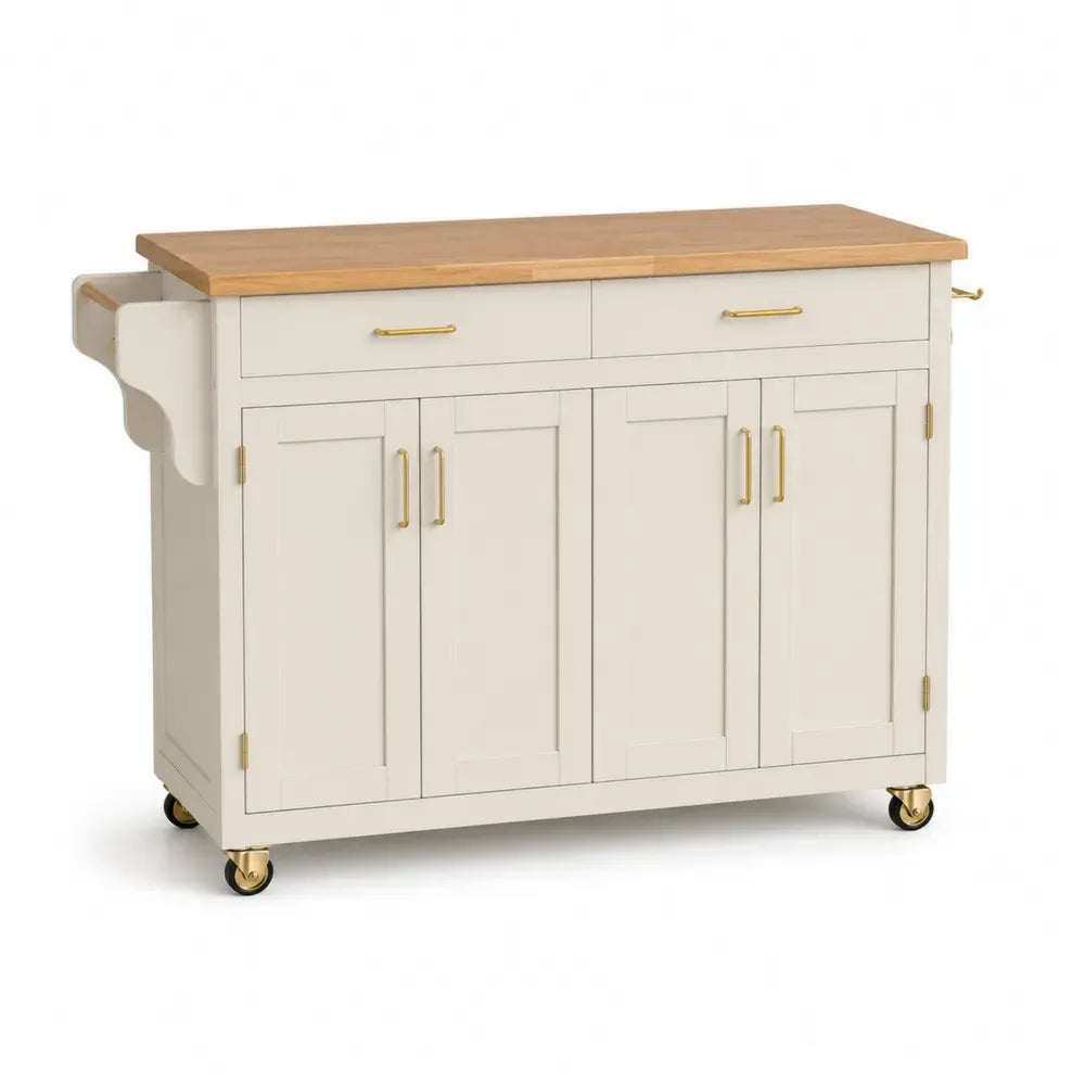 Kücheninsel Rollwagen rechteckig 125 x 48 x 91 cm MDF Kautschukholz Stahl Cremeweiß Naturbraun Goldfarben