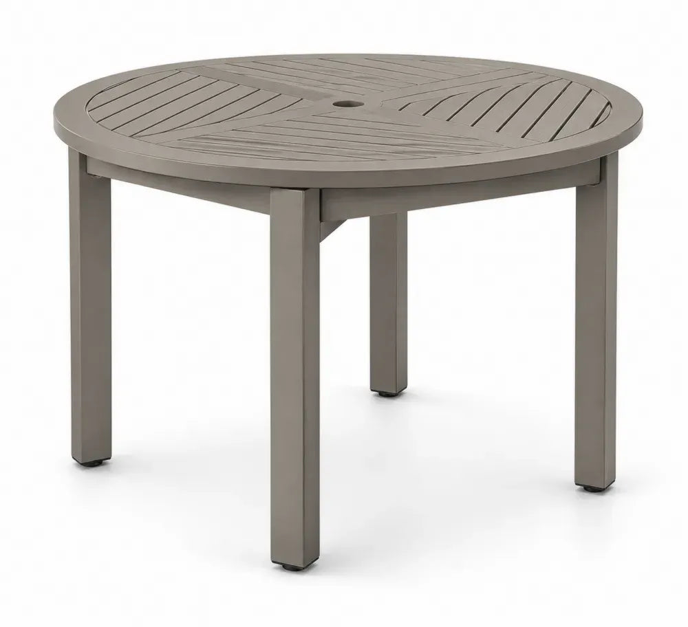Gartentisch rund mit Schirmloch Ø 120 x 74 cm pulverbeschichtetes Aluminium Lamellen Tischplatte Taupegrau Schwarz