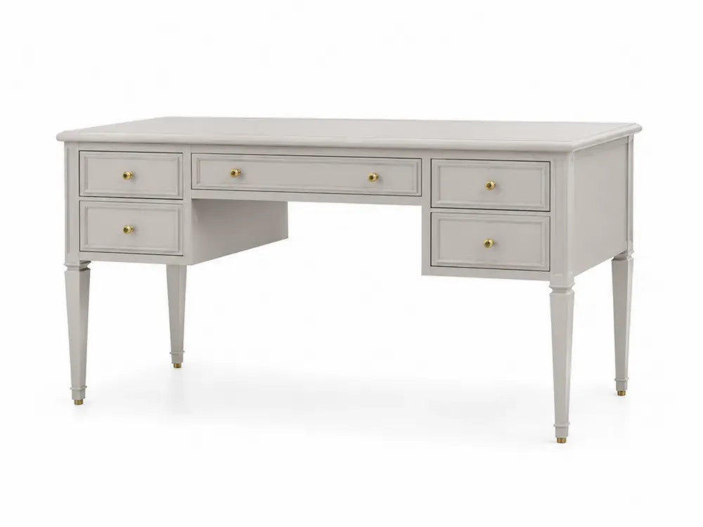 Schreibtisch mit 5 Schubladen rechteckig 140 x 60 x 78 cm MDF Gummibaum-Massivholz Greige Goldfarben
