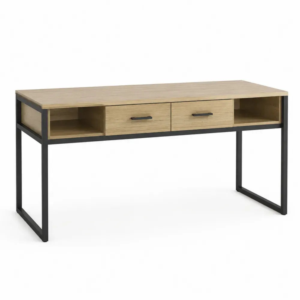 Schreibtisch mit 2 Schubladen 2 offenen Fächern und Stahlgestell MDF melaminbeschichtet Holzoptik schwarz 140 x 60 x 75 cm