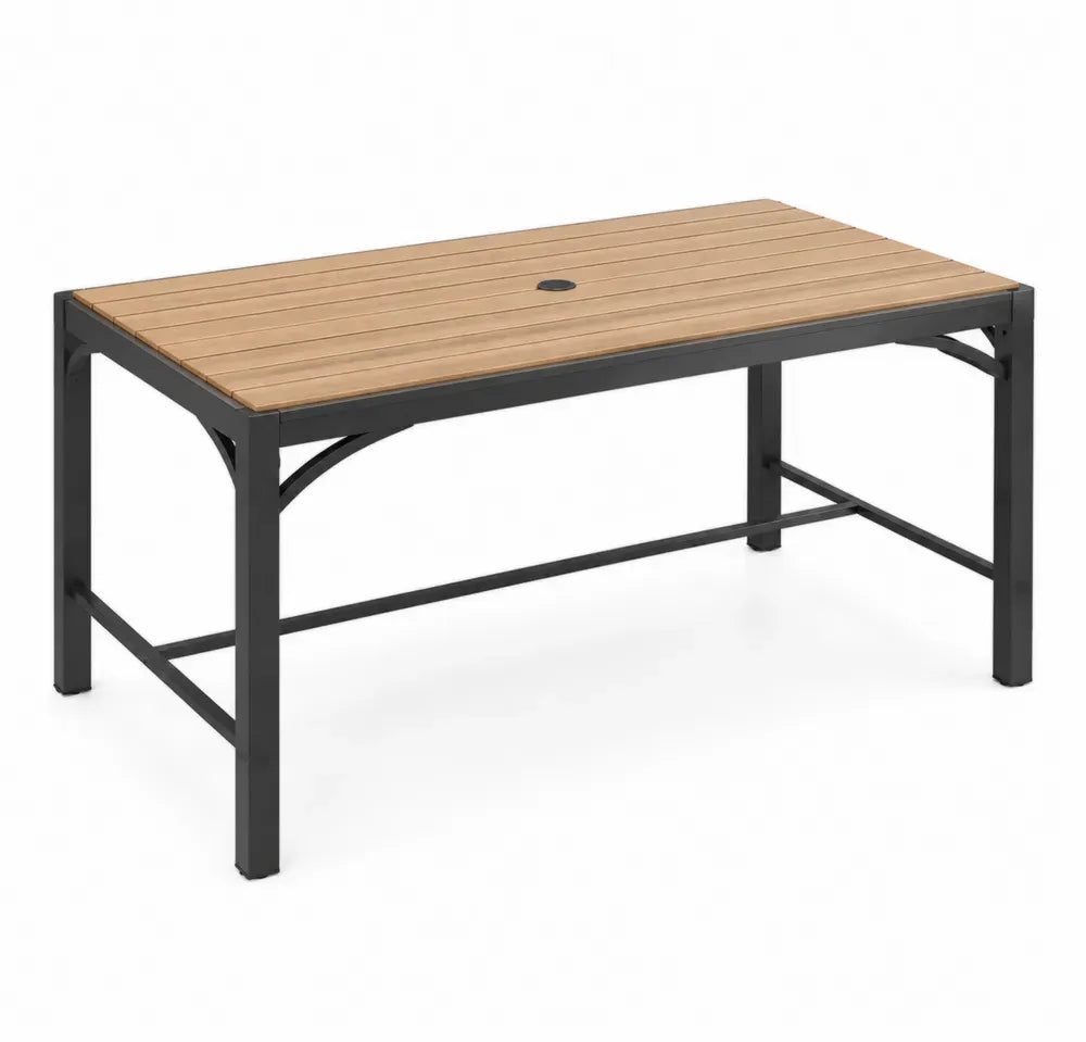 Gartentisch rechteckig mit Schirmloch 180 x 90 x 74 cm Akazienholz massiv Stahl Lamellen Naturbraun Schwarz