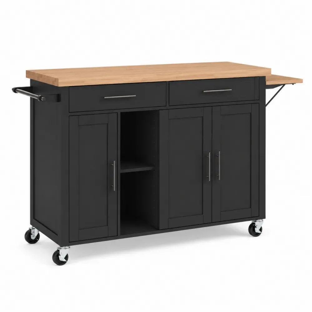 Küchenwagen Rollwagen mit Schubladen Türen Klappplatte MDF Bambus rechteckig schwarz natur silberfarben 132 x 46 x 91 cm