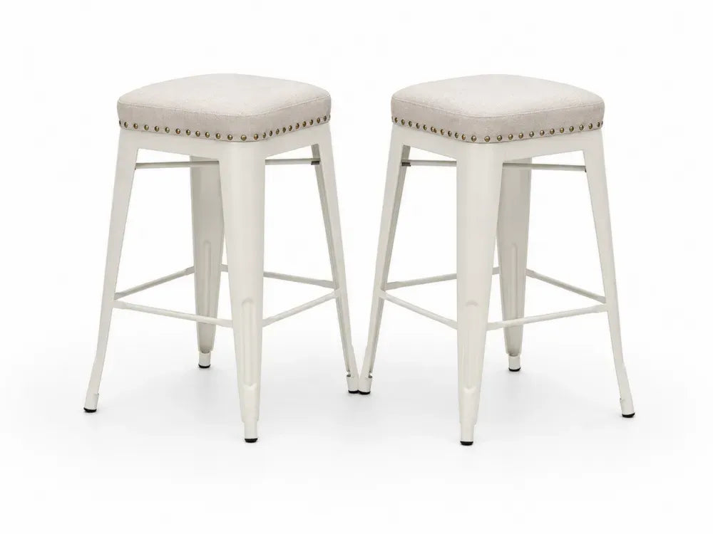 Barhocker 2er Set Sitzhocker 43 x 43 x 66 cm Polyestergewebe Stahl quadratische Sitzfläche Beige Creme Messingfarben
